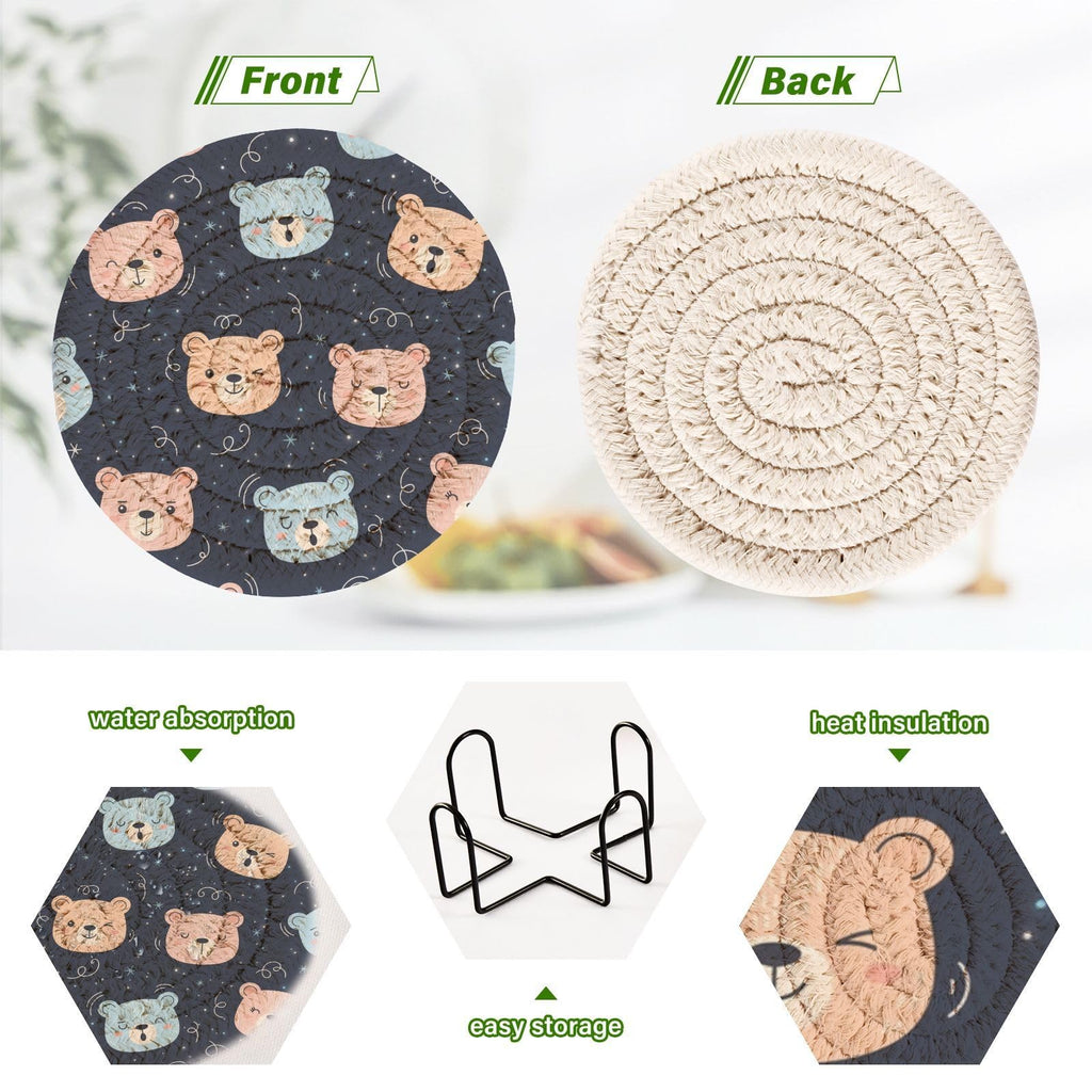 Black Stars Print Drink Coasters with Holder, Set of 6 L42366