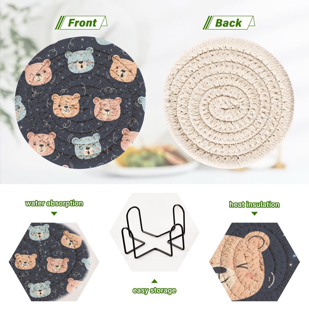 Black Stars Print Drink Coasters with Holder, Set of 6 L42366