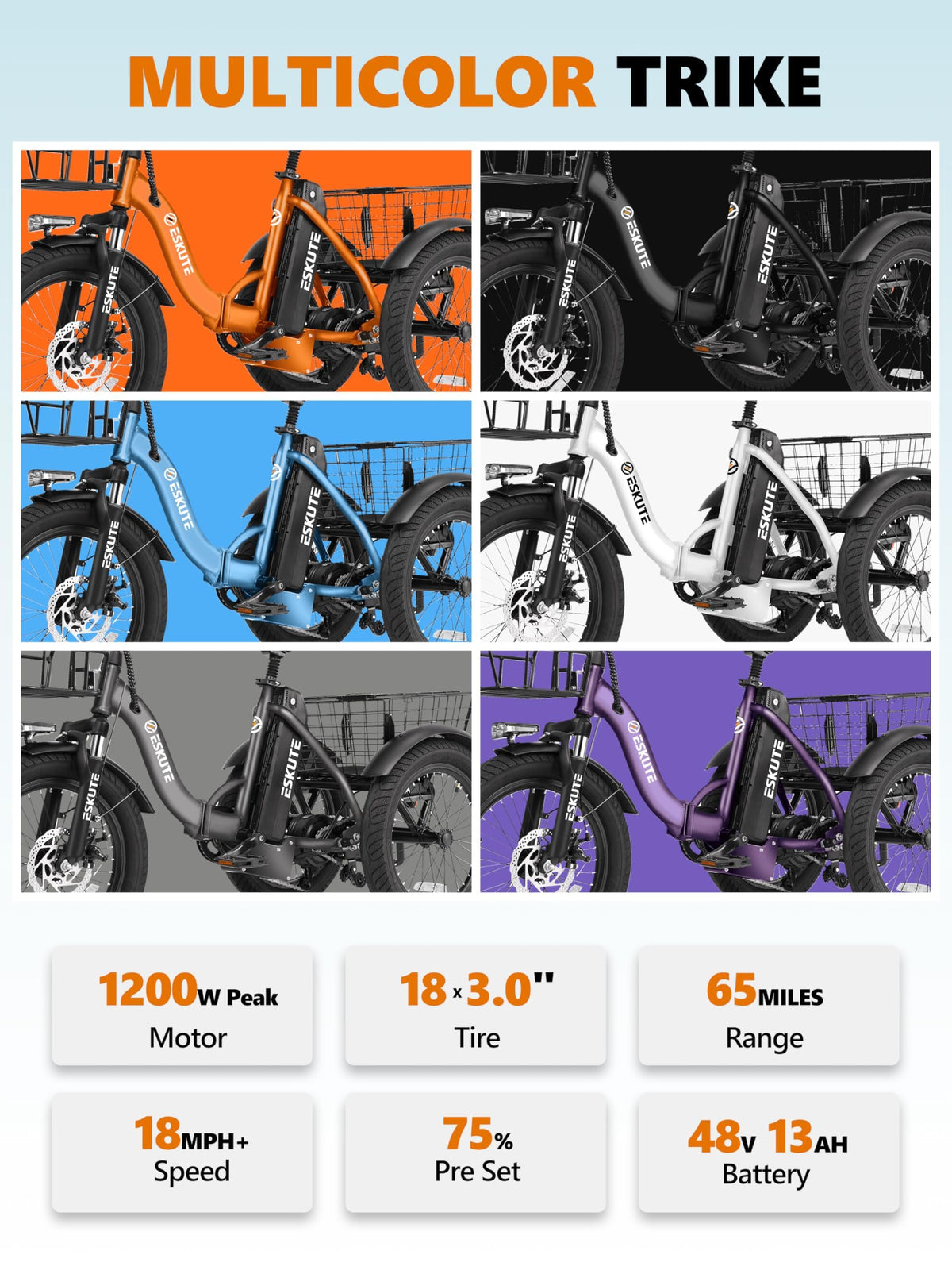 Foldable 3-Wheel Electric Trike Bike with 1200W Peak Motor I477