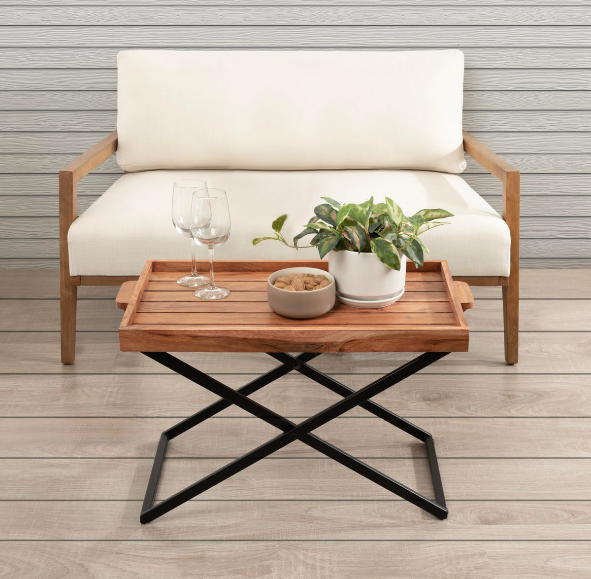 Natural Brown and Black Wood Tray Table with Removable Serving Tray Top I8662