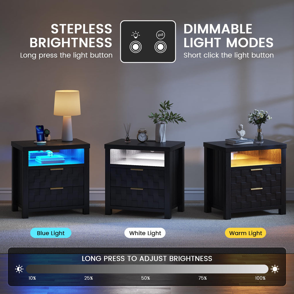 Black Nightstand with Charging Station, 2 Drawers, LED Lights Z739