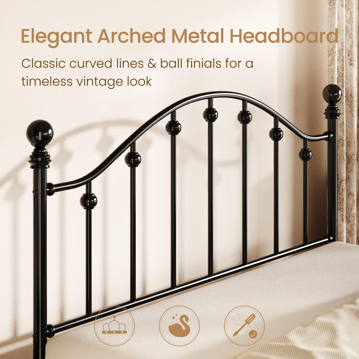 Queen Metal Bed Frame with Victorian Headboard and Footboard Black J206