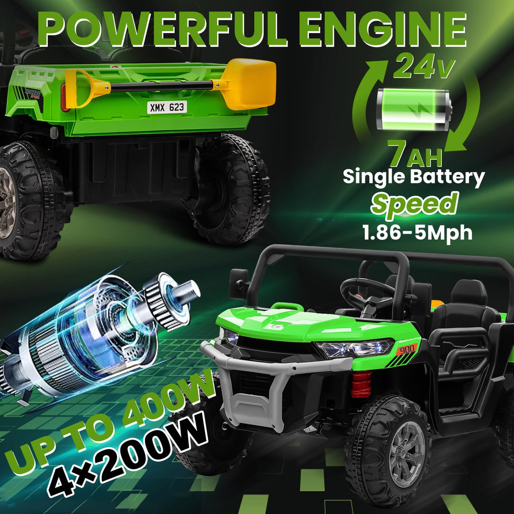 24V 4WD Ride on Truck Car with Dump Bed, 2 Seaters, Remote Control, Green F1678
