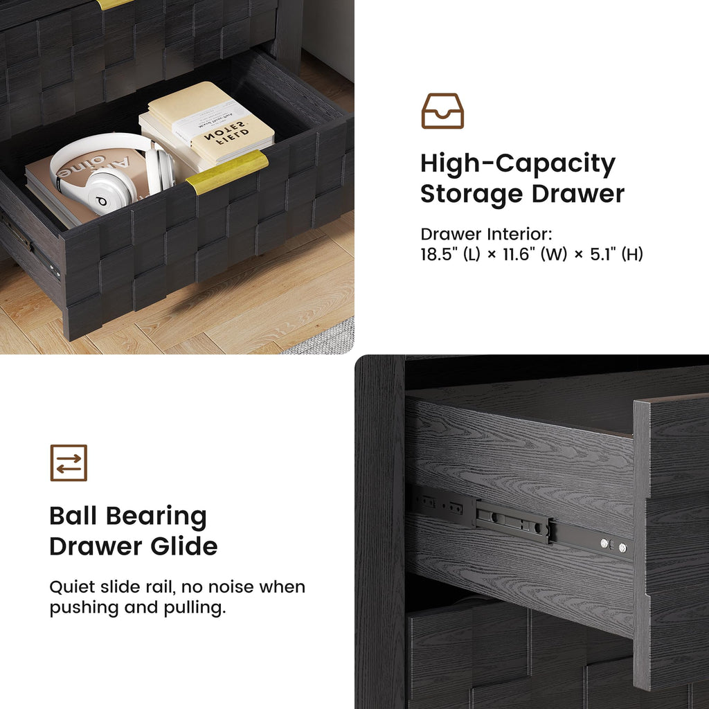 Black Nightstand with Charging Station, 2 Drawers, LED Lights Z739