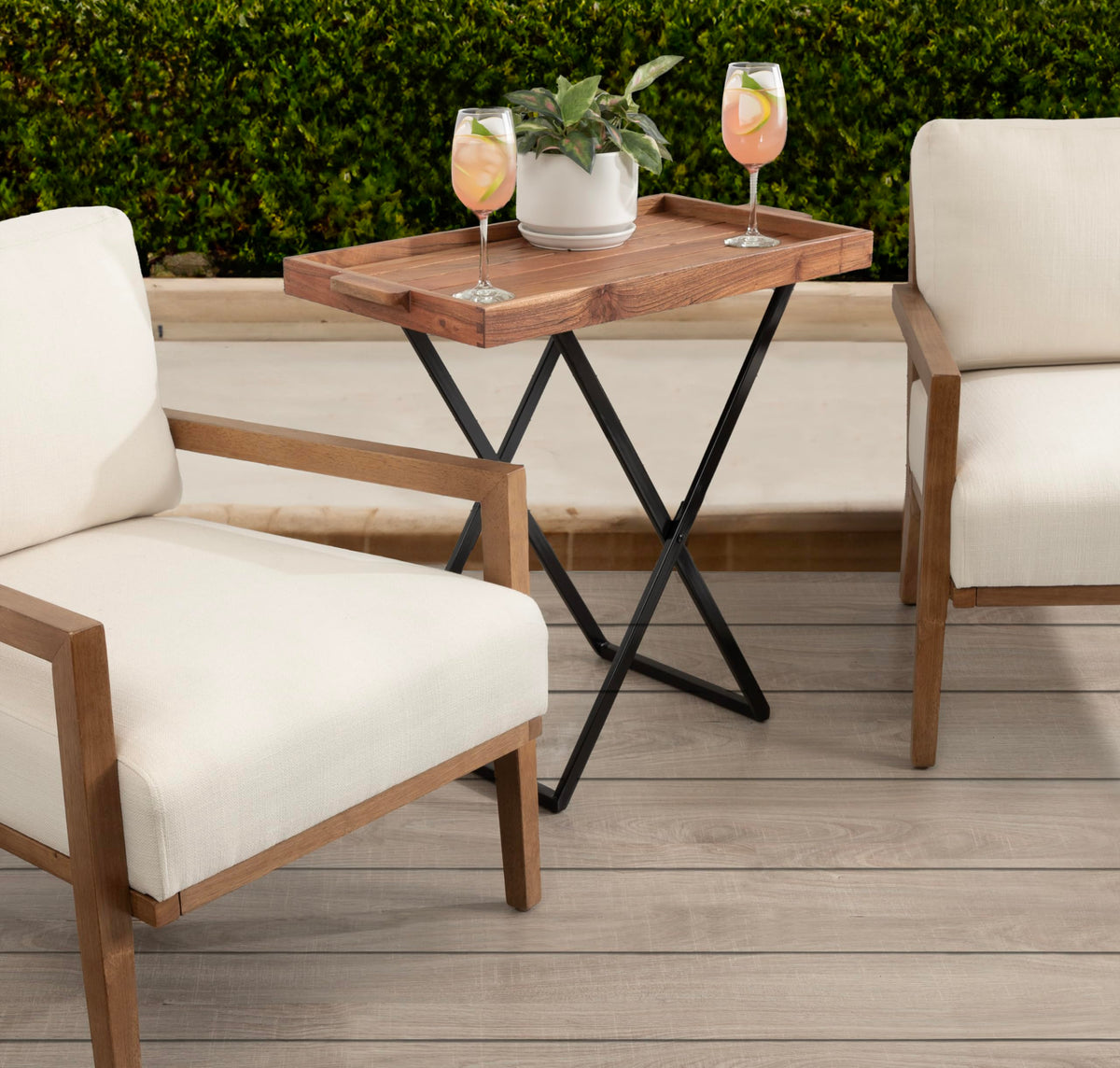 Natural Brown and Black Wood Tray Table with Removable Serving Tray Top I8662