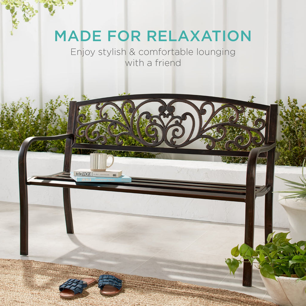 Black Steel Outdoor Bench with Floral Backrest L568