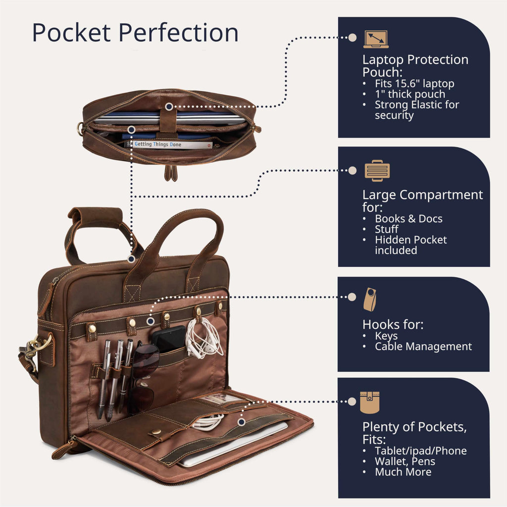 Full-Grain Leather Laptop Briefcase S889