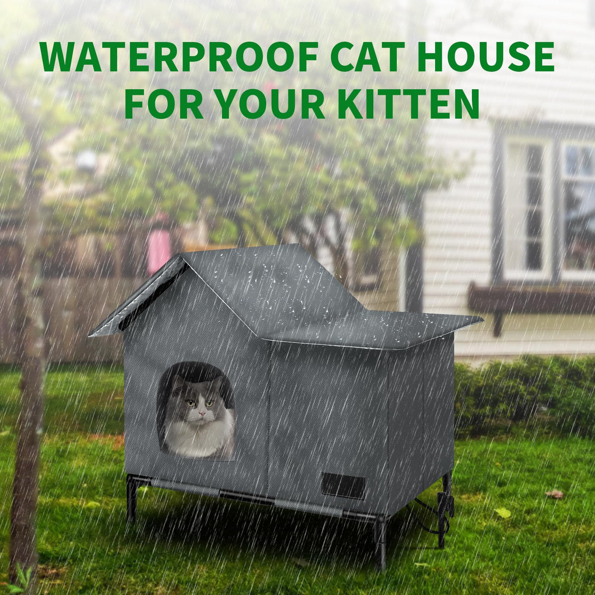 Heated Weatherproof Cat House with Heating Pad U651780