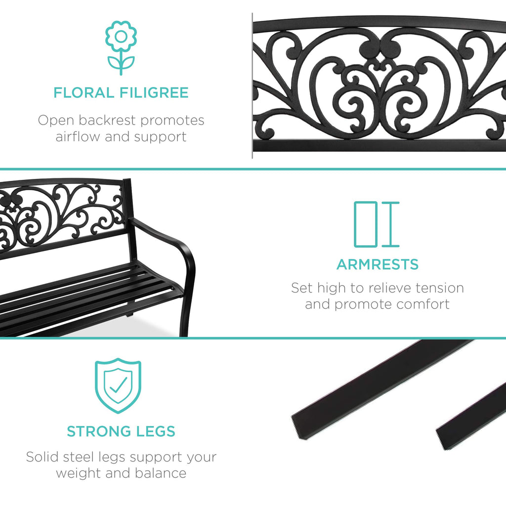 Black Steel Outdoor Bench with Floral Backrest L568