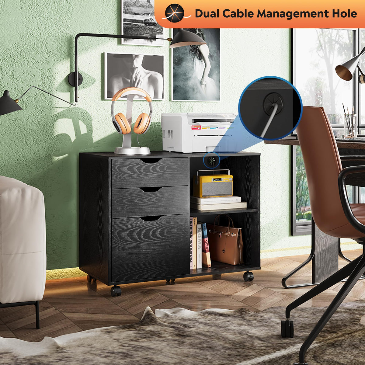 Black 3-Drawer Wood File Cabinet Y254