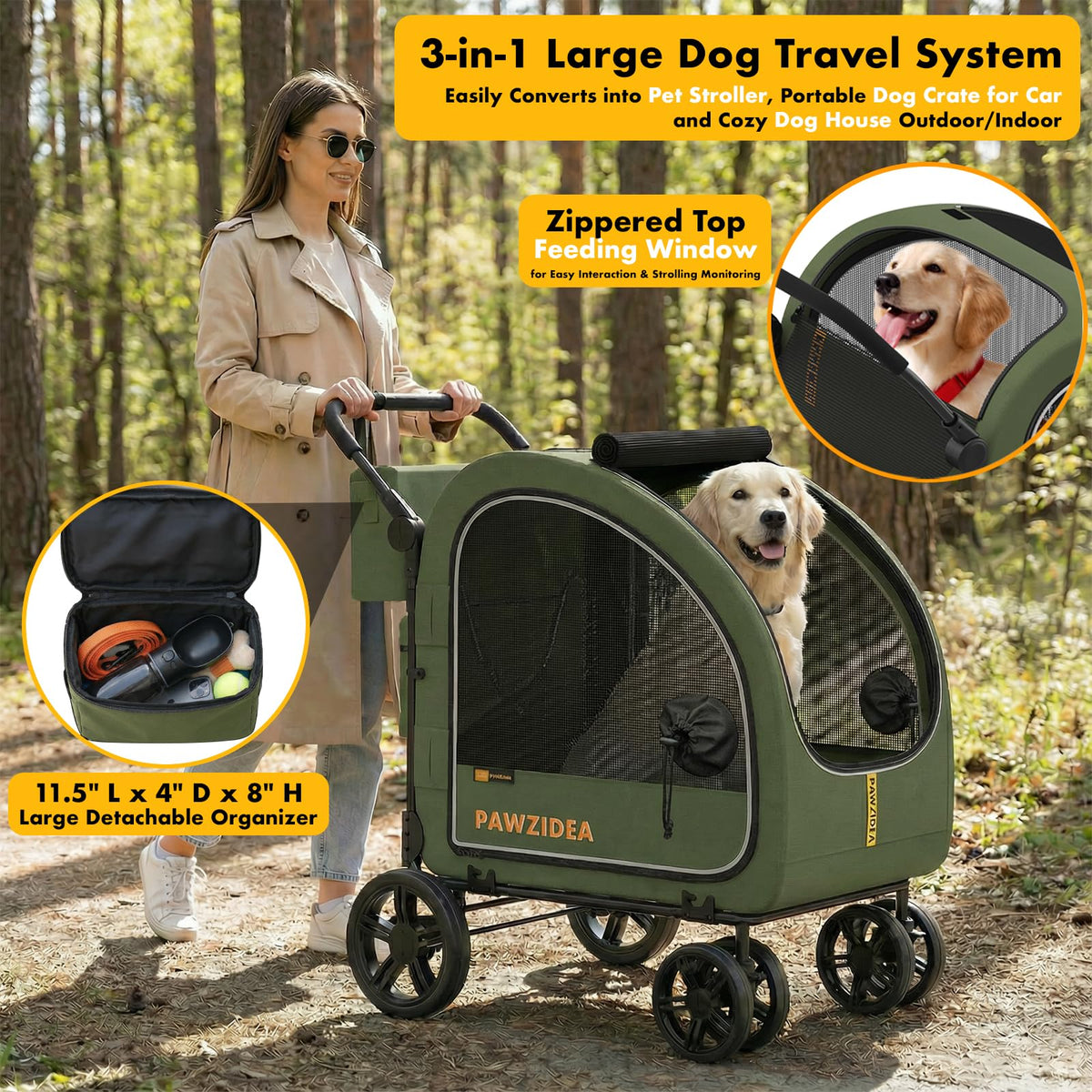3-in-1 Large Dog Stroller with Detachable Carrier F604