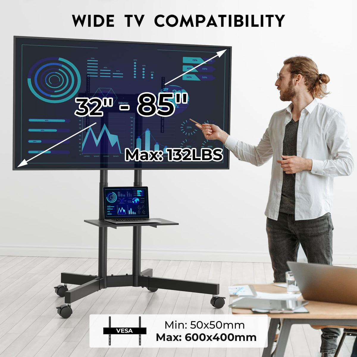 Rolling TV Stand with Tilt, Black E90708