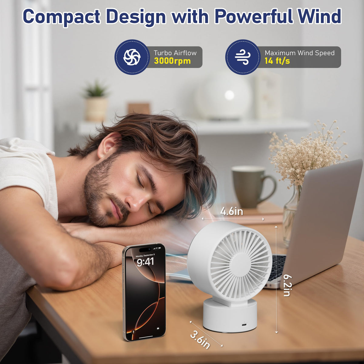 White Rechargeable Desk Fan with 1200mAh Battery J692314