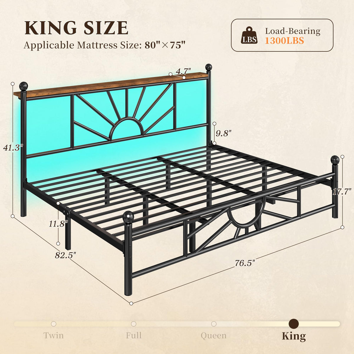King Size Metal Platform Bed Frame with LED Lights V533