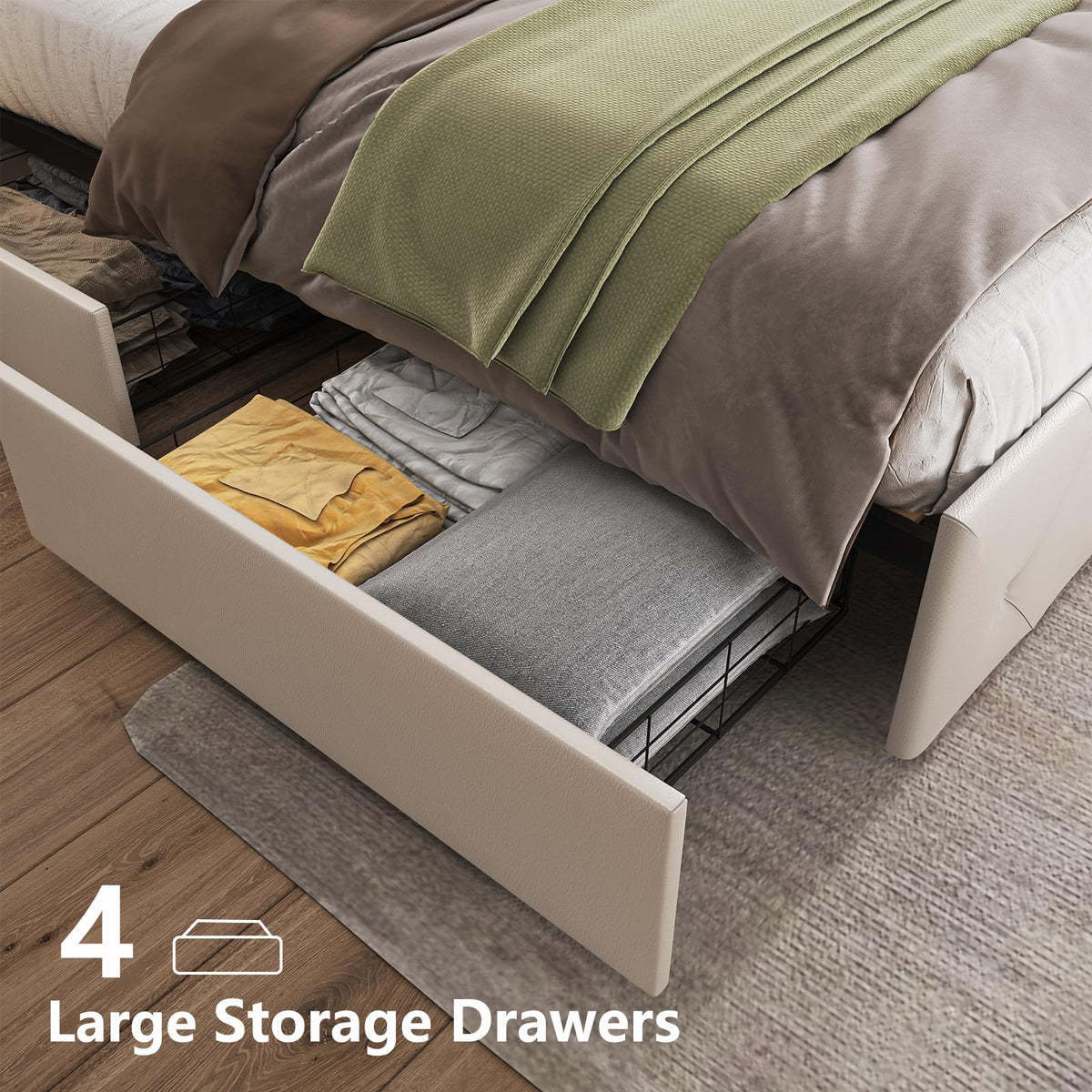 White Full Size Bed Frame with 4 Drawers and LED Light V76272