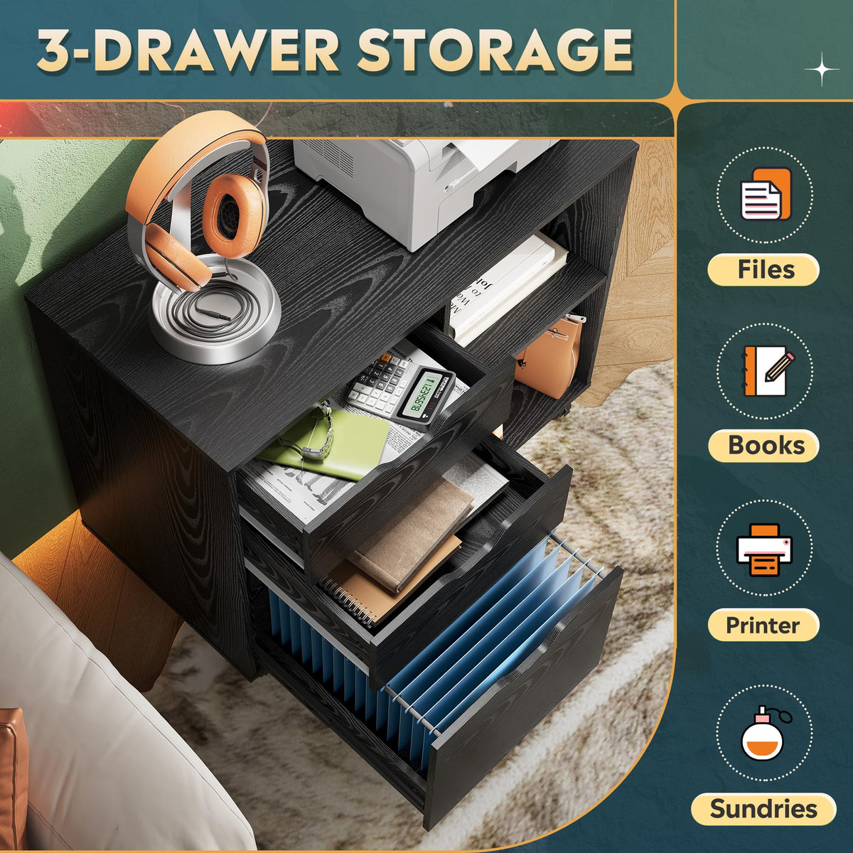 Black 3-Drawer Wood File Cabinet Y254