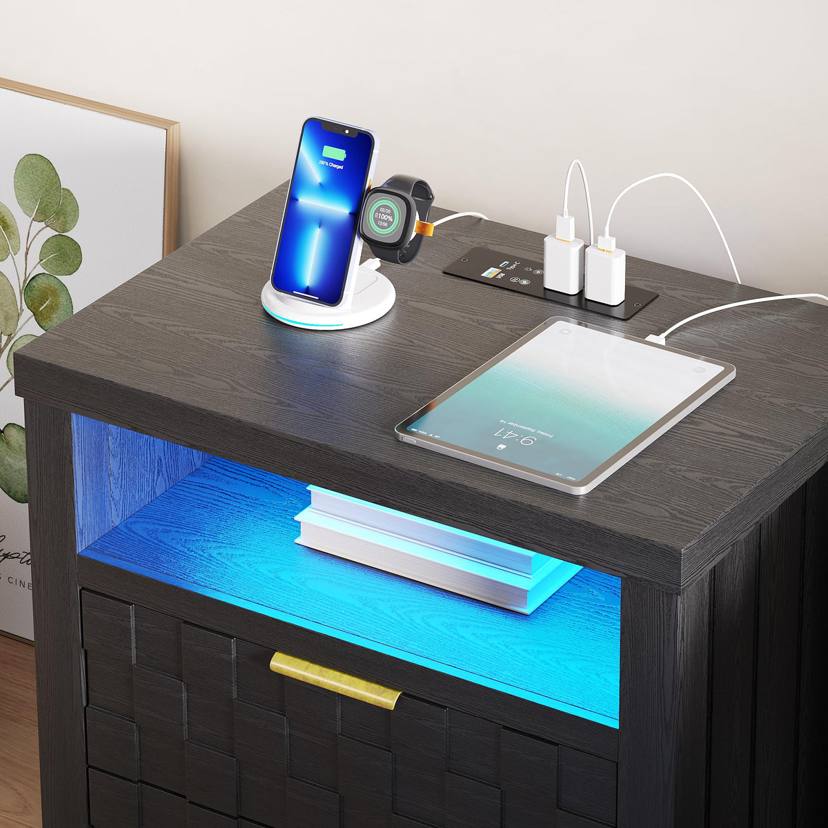 Black Nightstand with Charging Station, 2 Drawers, LED Lights Z739