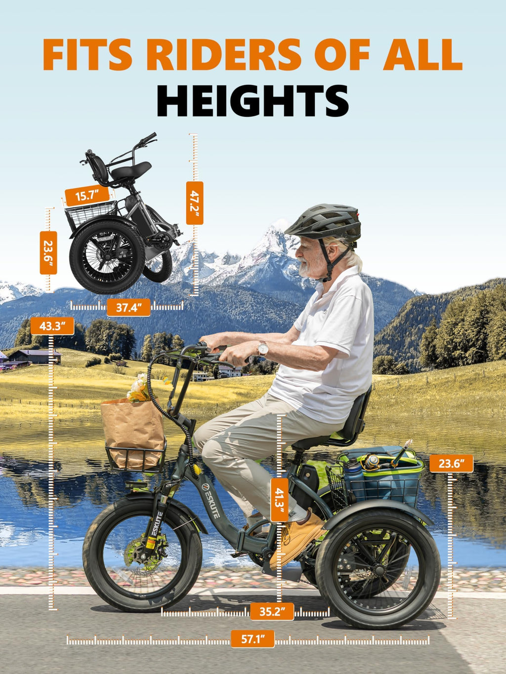 Foldable 3-Wheel Electric Trike Bike with 1200W Peak Motor I477