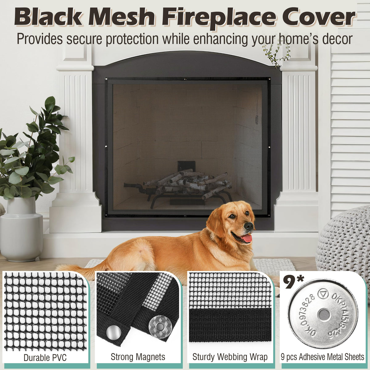 Black Magnetic Mesh Fireplace Cover N4253