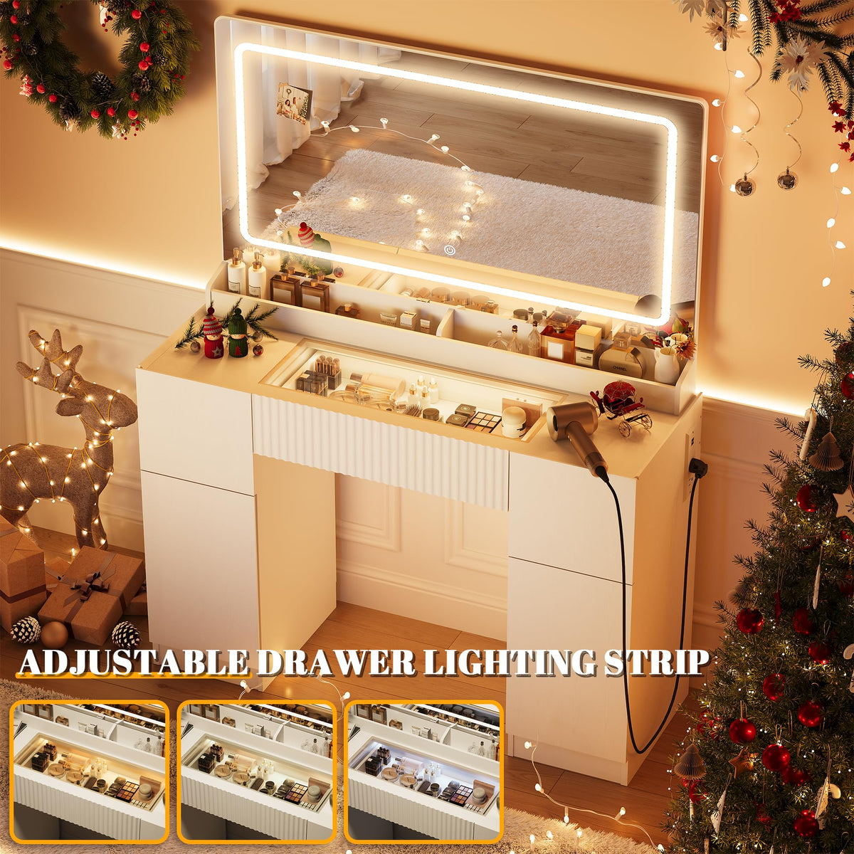 44" Pure White Vanity Desk with Mirror and Lights I930939