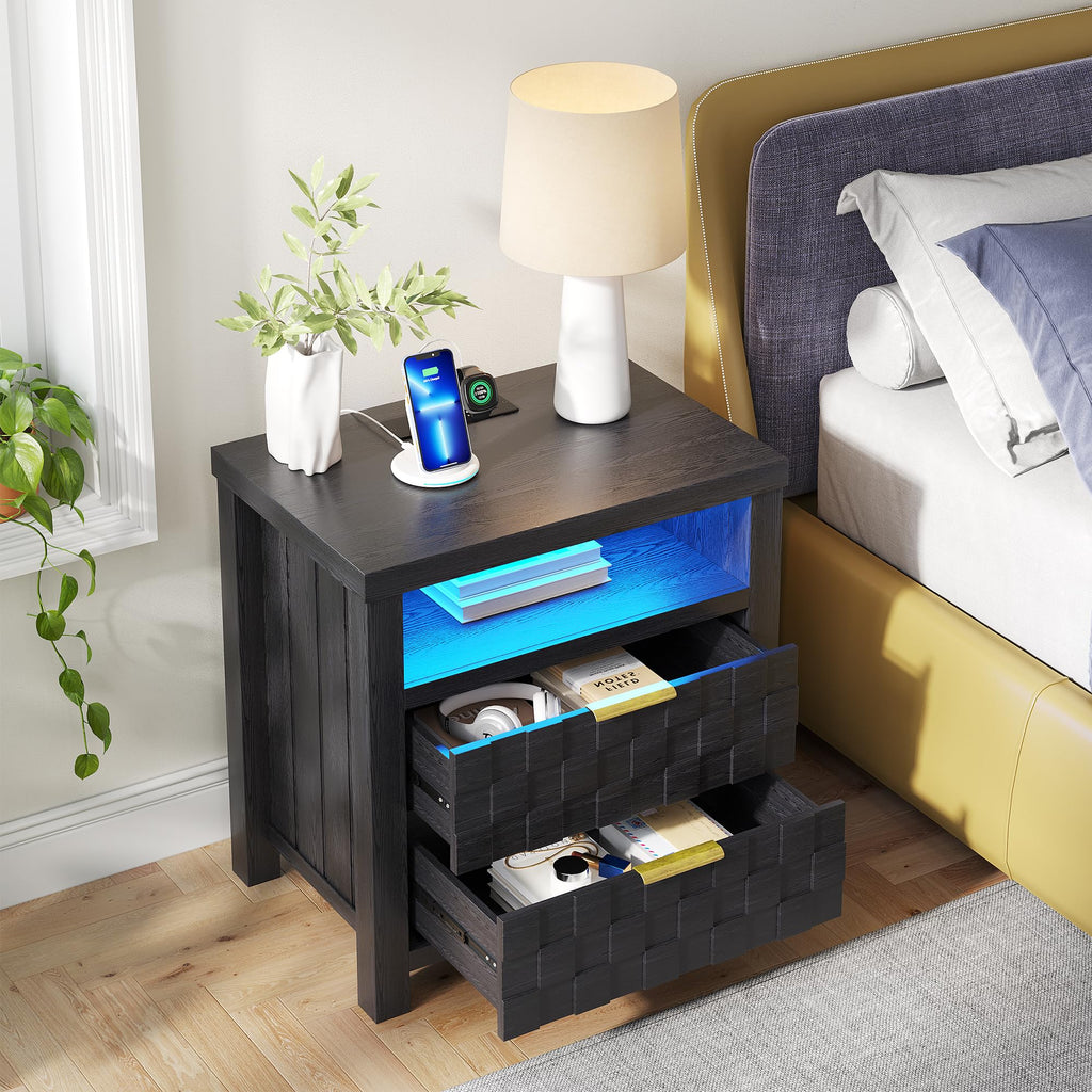 Black Nightstand with Charging Station, 2 Drawers, LED Lights Z739