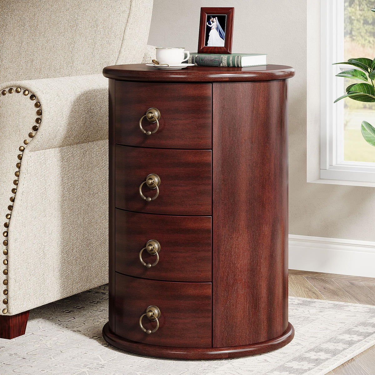 Solid Wood Round End Table with 4 Drawers Q601585