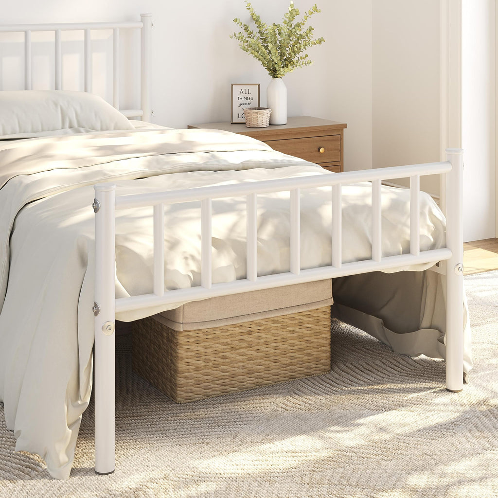Twin Size White Metal Platform Bed Frame with Spindle Headboard S72140