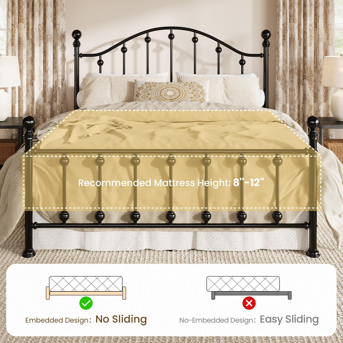 Queen Metal Bed Frame with Victorian Headboard and Footboard Black J206