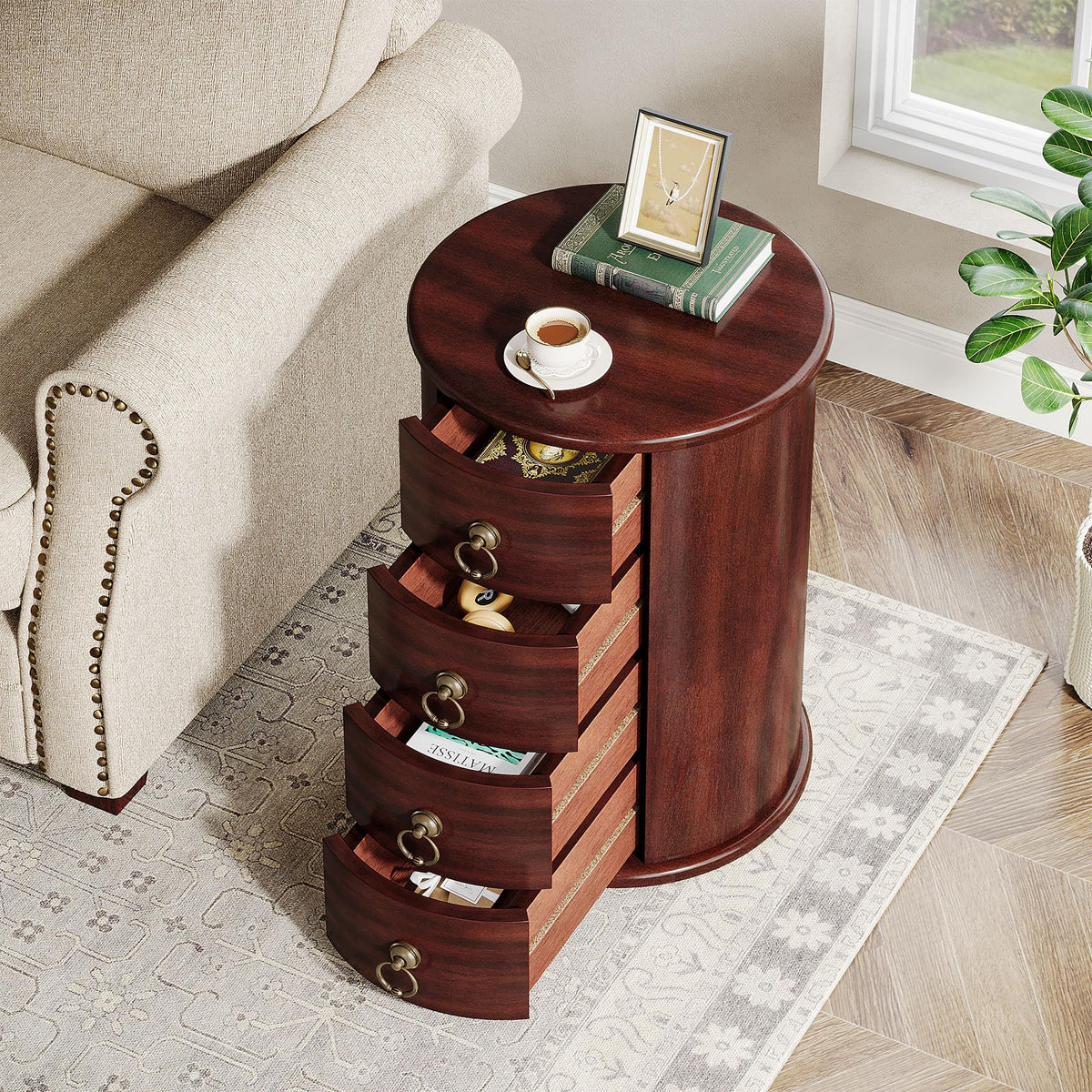 Solid Wood Round End Table with 4 Drawers Q601585