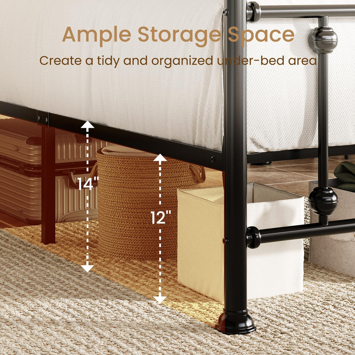 Queen Metal Bed Frame with Victorian Headboard and Footboard Black J206